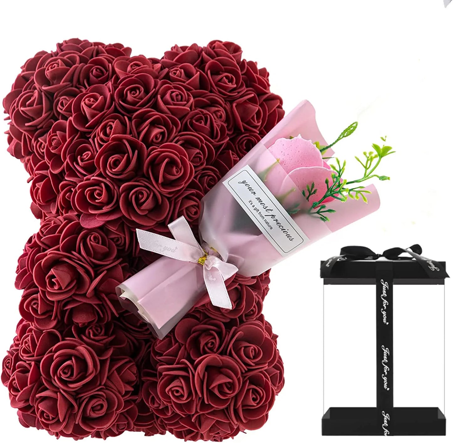 Ours en roses artificielles de 24 cm avec bouquet de fleurs