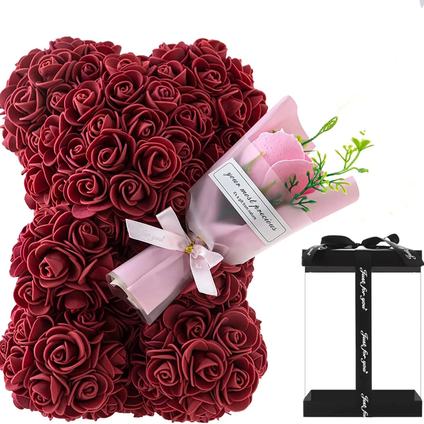 Ours en roses artificielles de 24 cm avec bouquet de fleurs