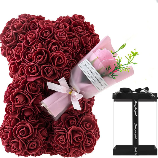Ours en roses artificielles de 24 cm avec bouquet de fleurs