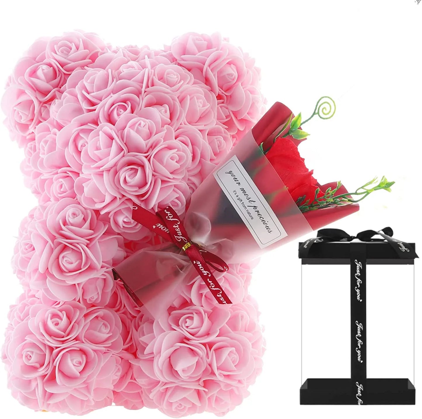 Ours en roses artificielles de 24 cm avec bouquet de fleurs